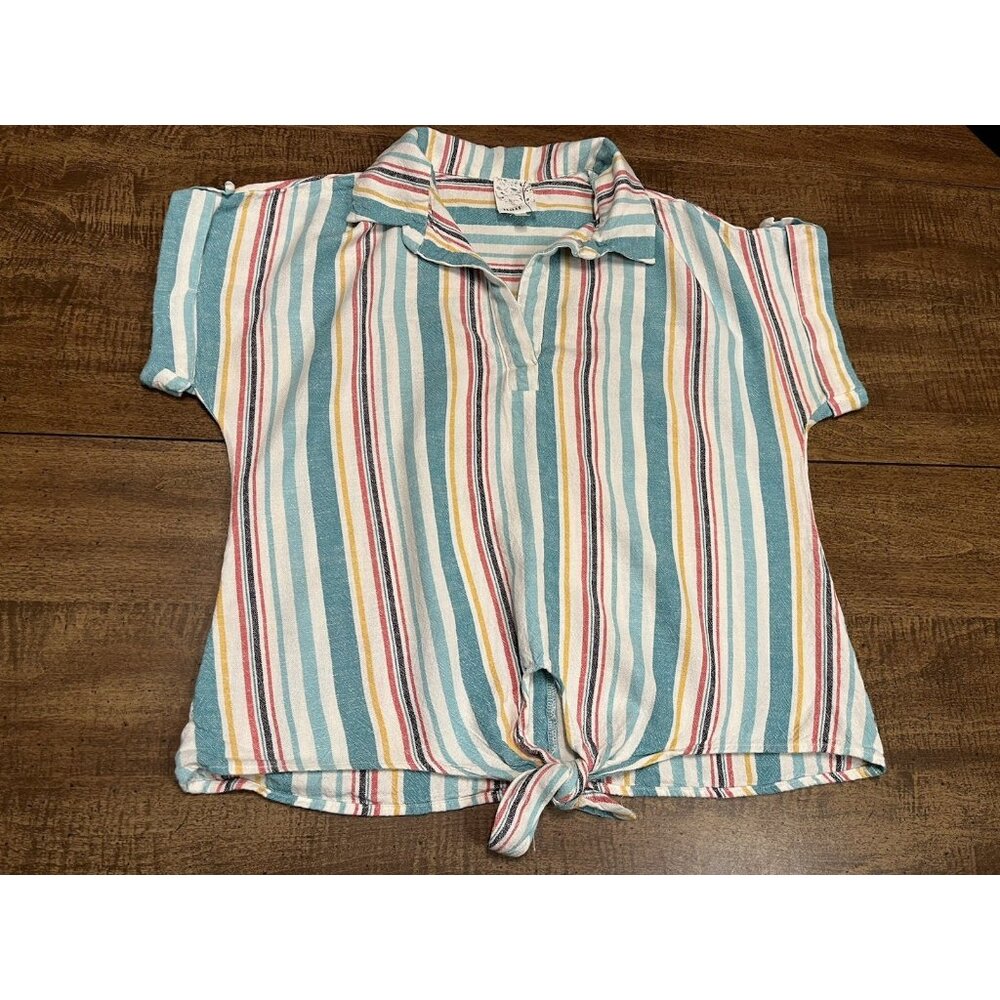 Linen Blend Striped Top Women's Small Knotted Front Summer Beachy Vacation